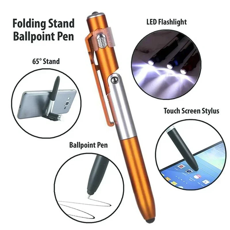 Stylo à bille multifonction 4 en 1 avec lumière LED, support de téléphone pliable, crayon d'écriture de lecture nocturne, papeterie de bureau et d'étudiant