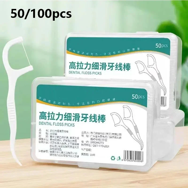 50/100/150/250/500pcs Portable Disposable Dental Floss Plastic Toothpick High-tension Dental Floss Stick Dental Box Oral Care