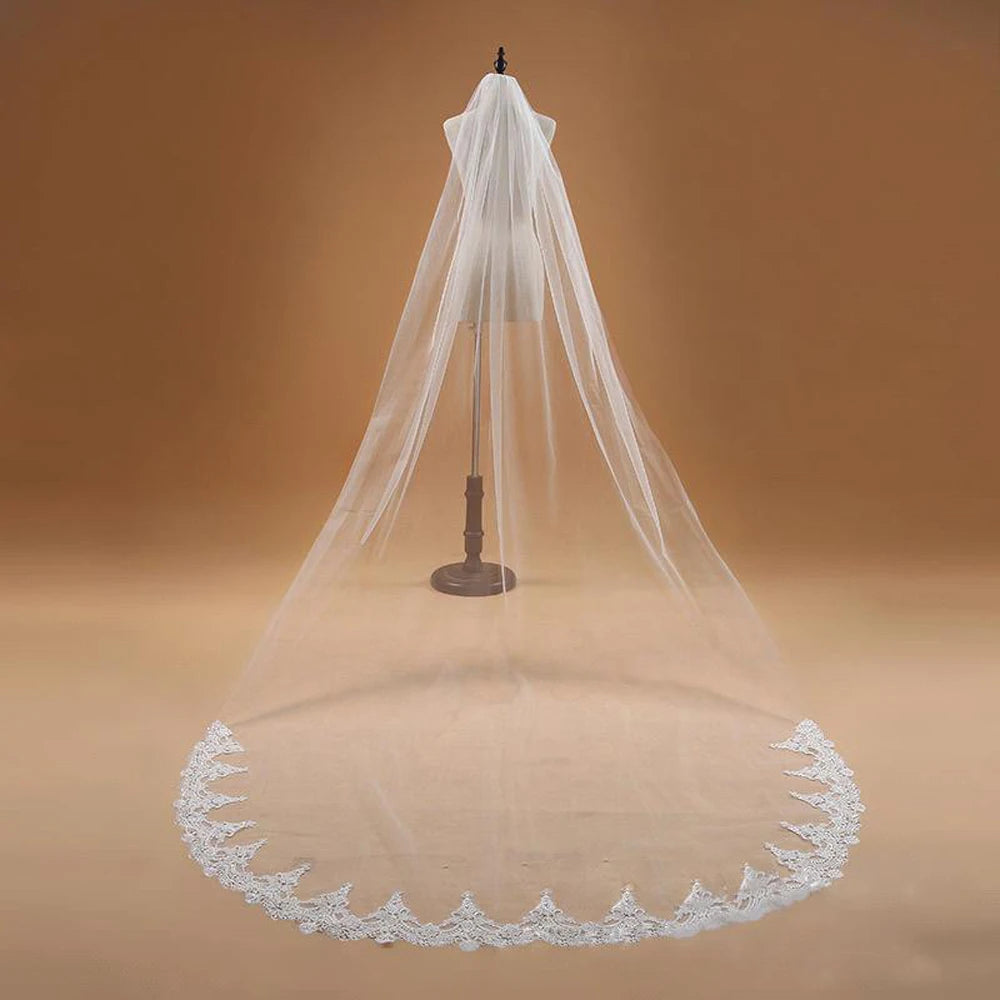 Voile de mariée 3M une couche bordée de dentelle blanc ivoire style cathédrale, long voile de mariée, accessoires de mariage pas chers