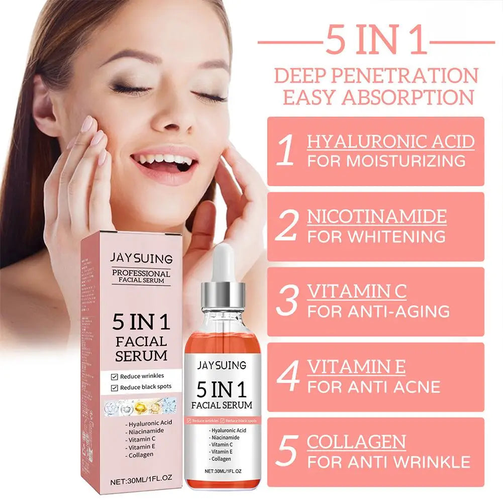Sérum visage 5 en 1 : Atténue les ridules, raffermit, hydrate et illumine le teint, enrichi en vitamine C et en acide hyaluronique, resserre les pores. Soin de la peau