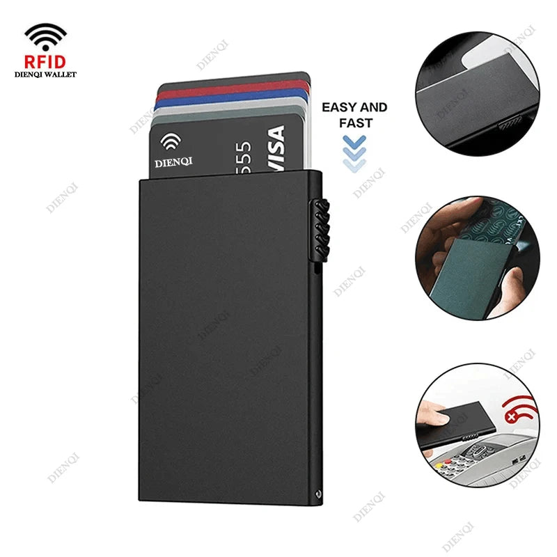 Portefeuille intelligent RFID avec porte-cartes de crédit, en métal fin et mince, pour hommes et femmes, portefeuille minimaliste à ouverture par clapet, petit porte-monnaie noir en métal
