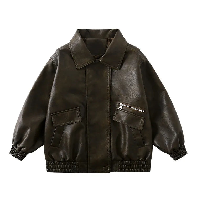 Manteau imperméable et coupe-vent pour garçons de 2 à 12 ans, vert foncé, veste en cuir Pu pour moto, Rock noir, vêtements de photographie de rue pour enfants