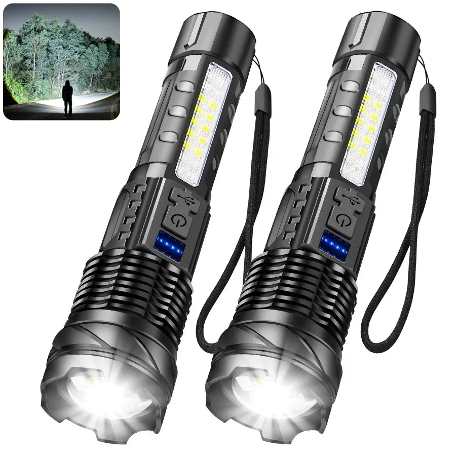 Lampe de poche LED puissante avec affichage de batterie, Rechargeable par USB, Zoom télescopique, torche, lanterne pour Camping en plein air, pêche, 9900lm