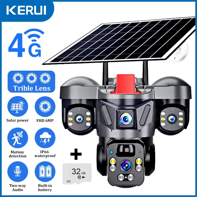 Caméra extérieure PTZ KERUI V380 Pro 6MP WIFI 4G avec panneau solaire, caméra de sécurité domestique à triple objectif, vidéosurveillance CCTV