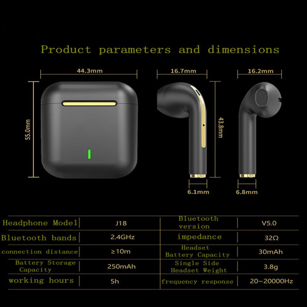 Écouteurs sans fil J18 TWS, écouteurs Bluetooth 5.3 longue durée de lecture, appel vocal avec suppression du bruit, pour les jeux, les affaires et les sports