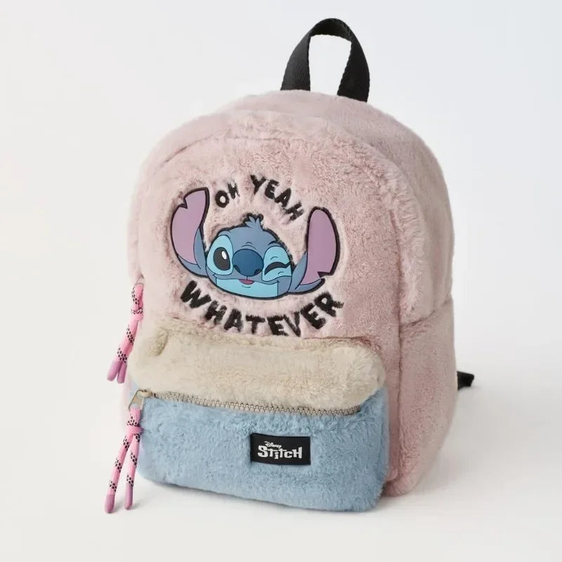 Sac à dos en cuir véritable pour enfants, peluche Disney Stitch, rose, grandes oreilles, tête d'alien, bloc de couleur