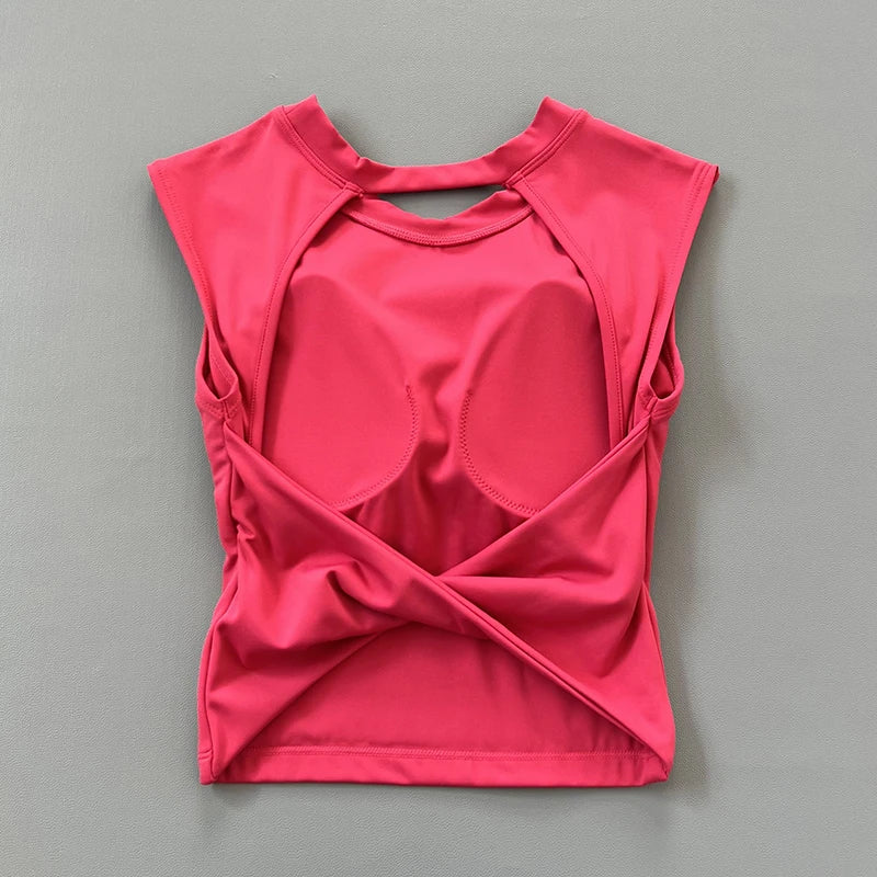 T-shirt de sport court, dos nu, avec coussinet de poitrine fixe, gilet moulant pour femmes, haut de yoga sans manches à séchage rapide
