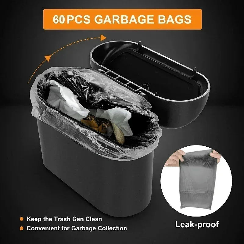 The covered car trash can contains 3 black garbage bags. The small car trash can is leak proof and miniature