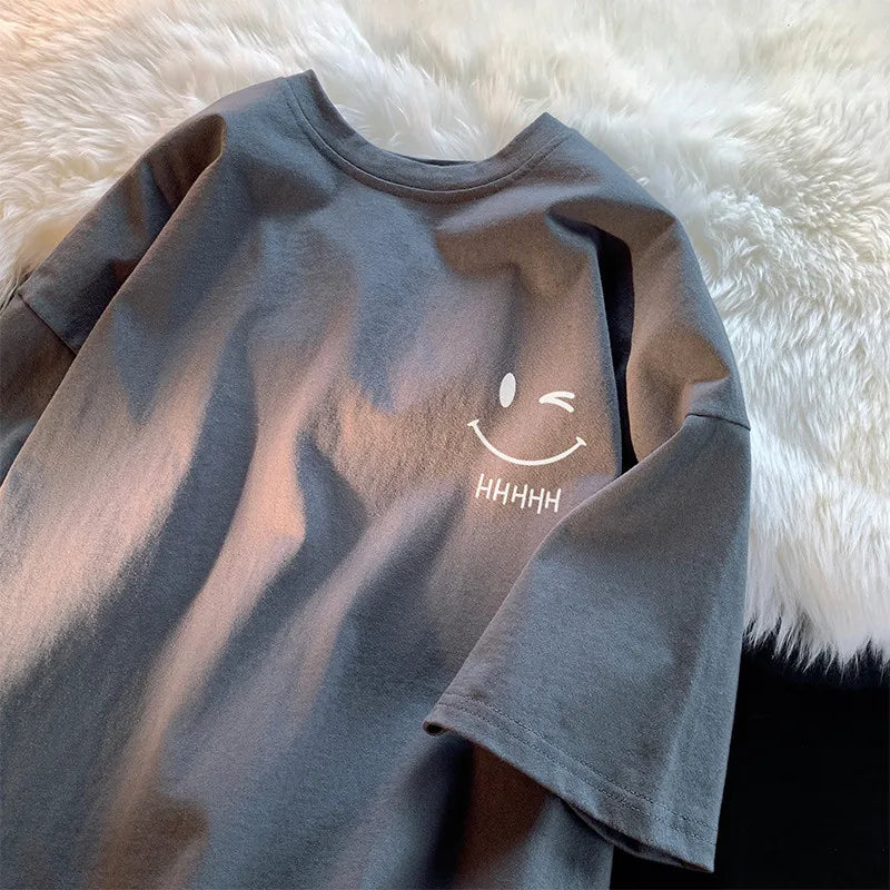 T-shirt manches courtes pour hommes et femmes, visage souriant, drôle, mode Couple, américain, basique, Simple, surdimensionné, ample, pull pour garçons