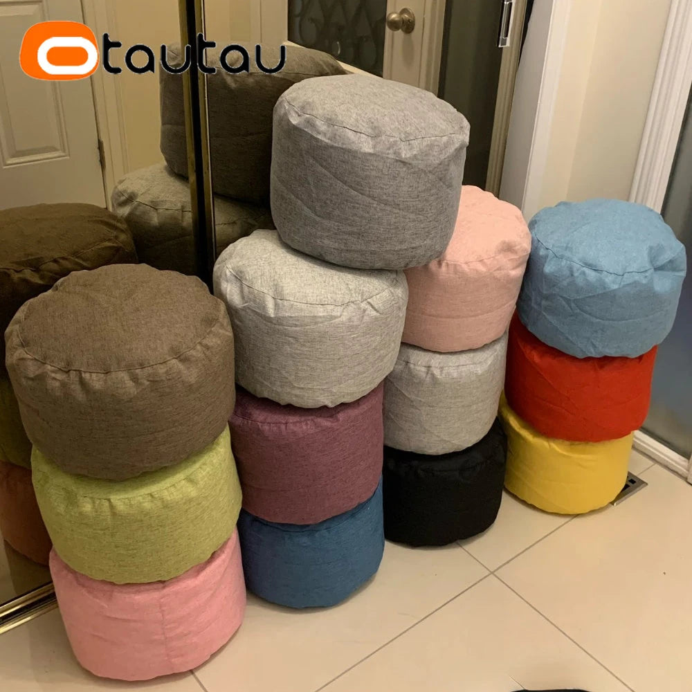 Tabouret rond OTAUTAU D30cm*H20cm, pouf en lin avec garniture, repose-pieds, style tatami/futon, JD001