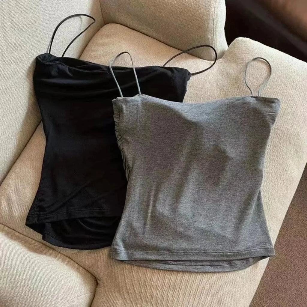 Débardeur sans manches plissé et ajusté pour femme, coupe courte, sexy et tendance, avec fines bretelles, couleur unie, style simple