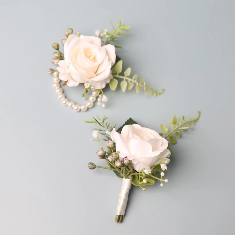 Boutonnière élégante pour marié, fleurs pour costume d'homme, roses artificielles, corsage de poignet, accessoires de mariage