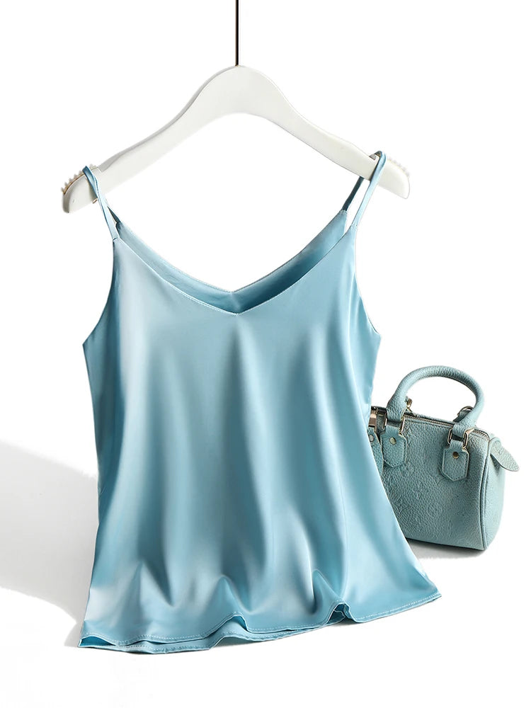 AOSSVIAO 2025 Spaghetti sangle haut femmes licou col en V basique blanc Cami sans manches Satin soie débardeurs femmes été Camisole
