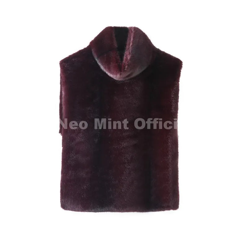 Neo Mint 2025 marque mode fausse fourrure Sable gilet haut court automne hiver col roulé Eco vison fourrure débardeurs sans manches veste manteau