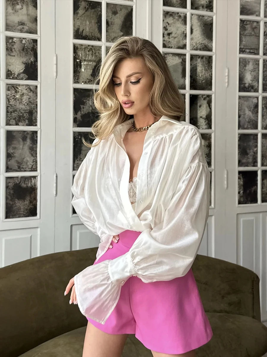 Bornladies automne femmes à la mode chemise à col ample bureau dame couleur unie polyvalent manches évasées haut à manches longues chemise