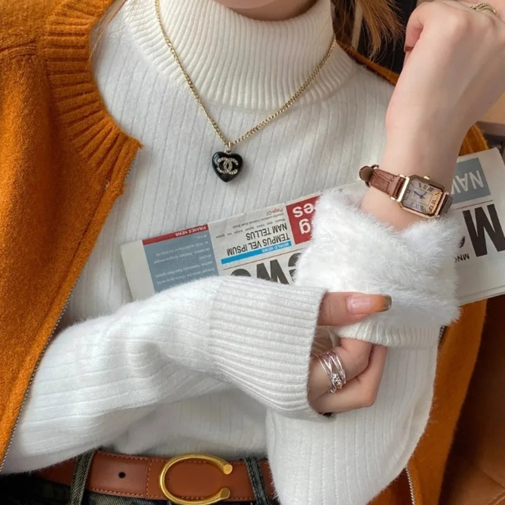 Pull à col roulé pour femme, rétro, avec doublure en velours, vêtements intérieurs épais, tricot thermique, chemise à bascule, collection hiver 2025