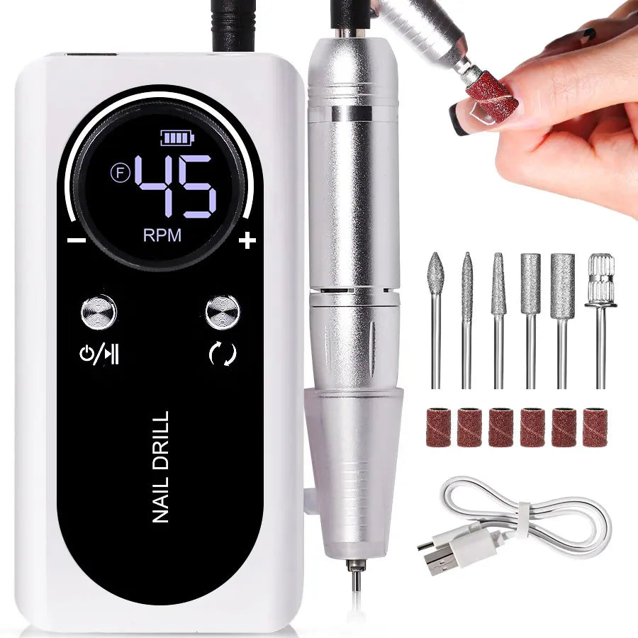 Ponceuse à ongles rechargeable 45 000 tr/min avec écran LCD, faible niveau sonore, ponceuse à ongles professionnelle et kit d'accessoires pour ongles