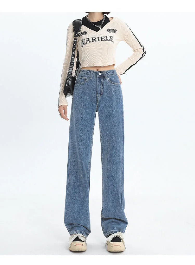 Jeans basiques pour femmes, taille haute, jambes larges, polyvalents et décontractés, nouveaux Styles d'automne et d'hiver adaptés à toutes les saisons