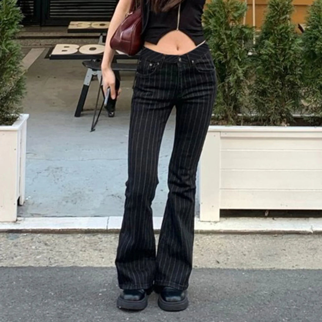 Jean taille basse pour femme, vêtement des années 2000, coupe botte, décontracté, rayé noir, pantalon en Denim, Streetwear, pantalon évasé, P77-DD25