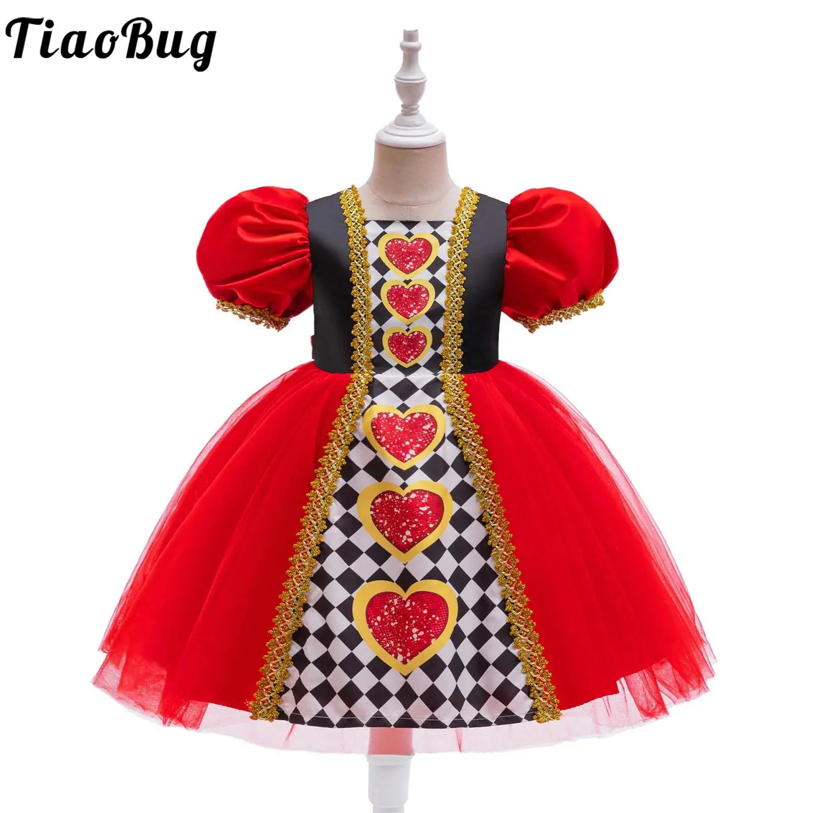 Costume de princesse cœurs rouges pour enfants filles, robe Tutu en Tulle à manches bouffantes, sangle dorée, fête à thème d'halloween, robe de jeu de rôle reine