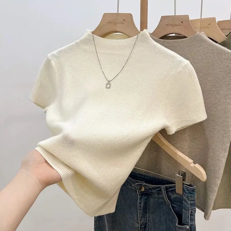 Pull d'été basique à col roulé, uni, fin, pour femme, en maille, coupe ajustée, manches courtes