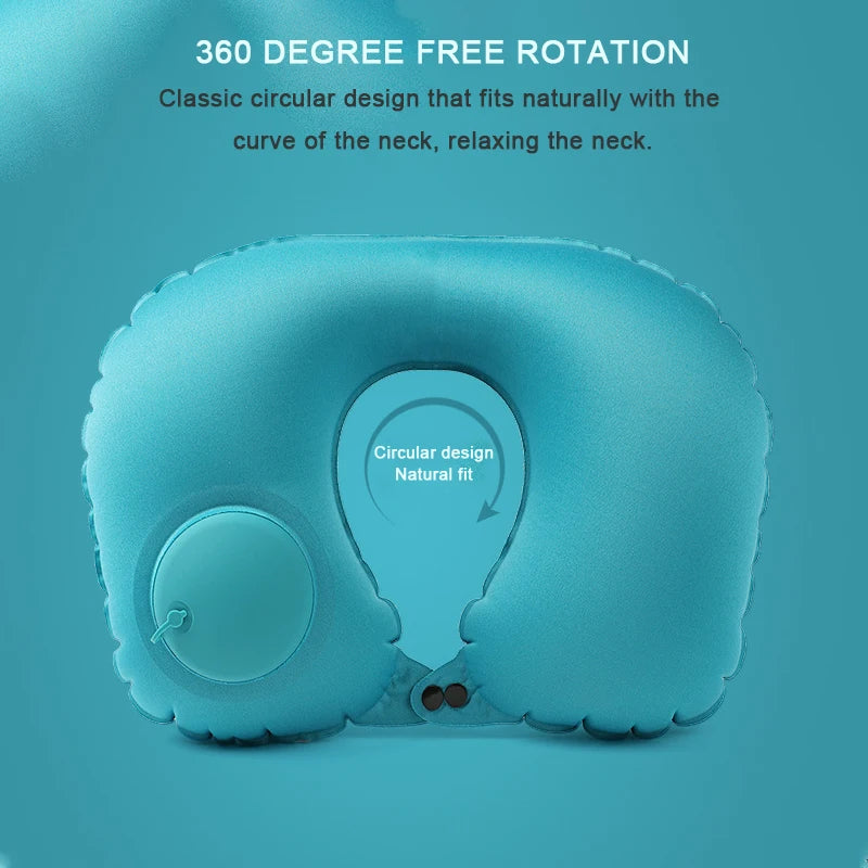 Oreiller gonflable à presser pour détendre la nuque. Oreiller de voyage en forme de U, pliable et portable, avec système anti-fuite. Oreiller en forme de U classique
