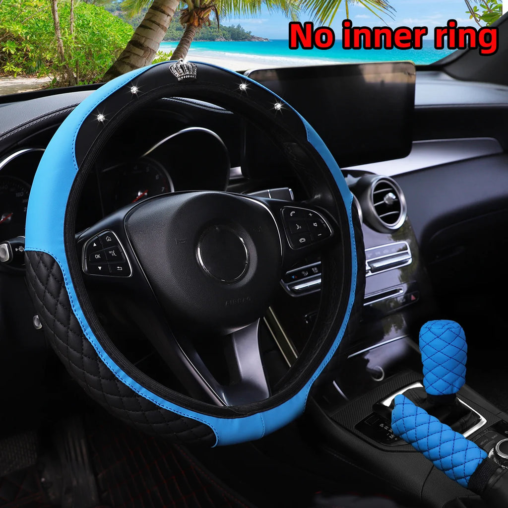 Couronne en cuir PU avec incrustations de diamants pour voiture, sans anneau intérieur, couvercle de volant, couvercle de changement de vitesse, couvercle de frein à main, 3 pièces