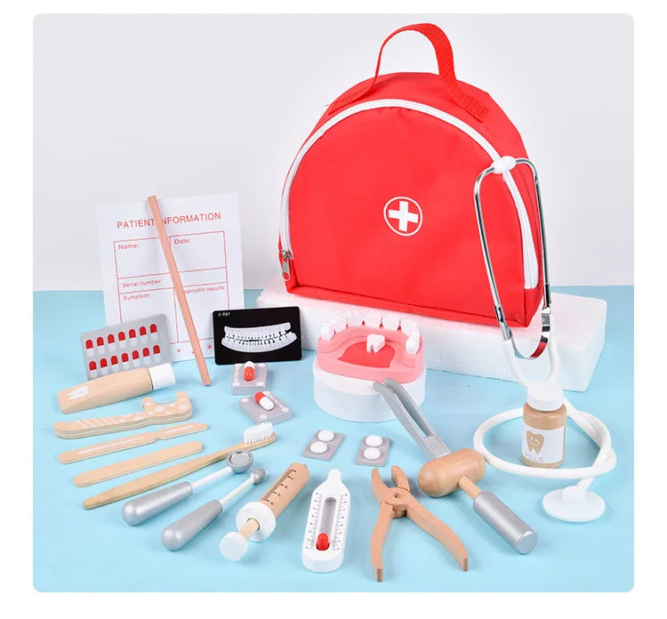 Jeu de rôle en bois de docteur pour enfants : simulation de dentiste, brossage de dents et médicaments