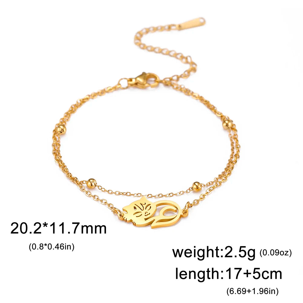 Bracelet Lucktune Chat Mignon en Acier Inoxydable avec Pendentif Animal et Chaîne à Perles - Bijou Tendance Kpop pour Femmes et Hommes - Cadeau Couple