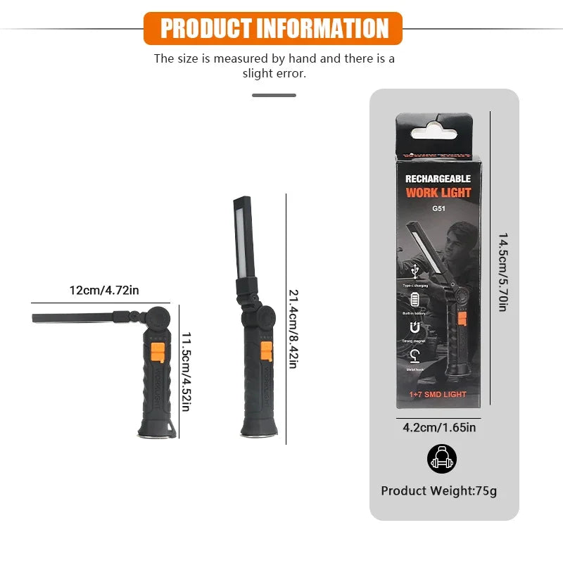 Lampe torche LED COB portable rechargeable par USB, lanterne magnétique suspendue avec batterie intégrée, lampe torche de camping