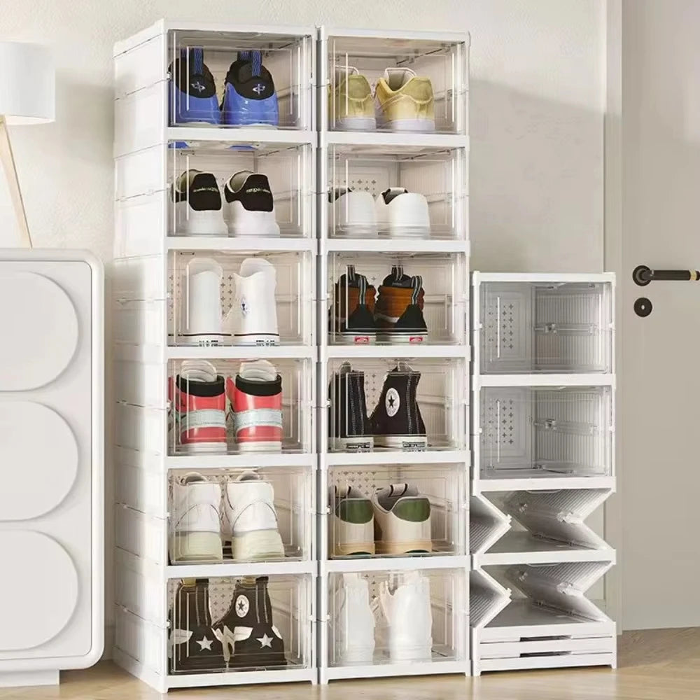 Boîte de rangement à chaussures pliable à 3 ou 6 niveaux, transparente, empilable et anti-poussière, avec étagère.
