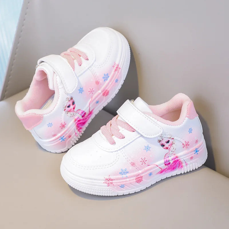 Chaussures blanches Disney pour filles, en cuir PU, motif princesse Elsa de La Reine des Neiges, chaussures de sport plates imperméables pour bébé fille, pointure