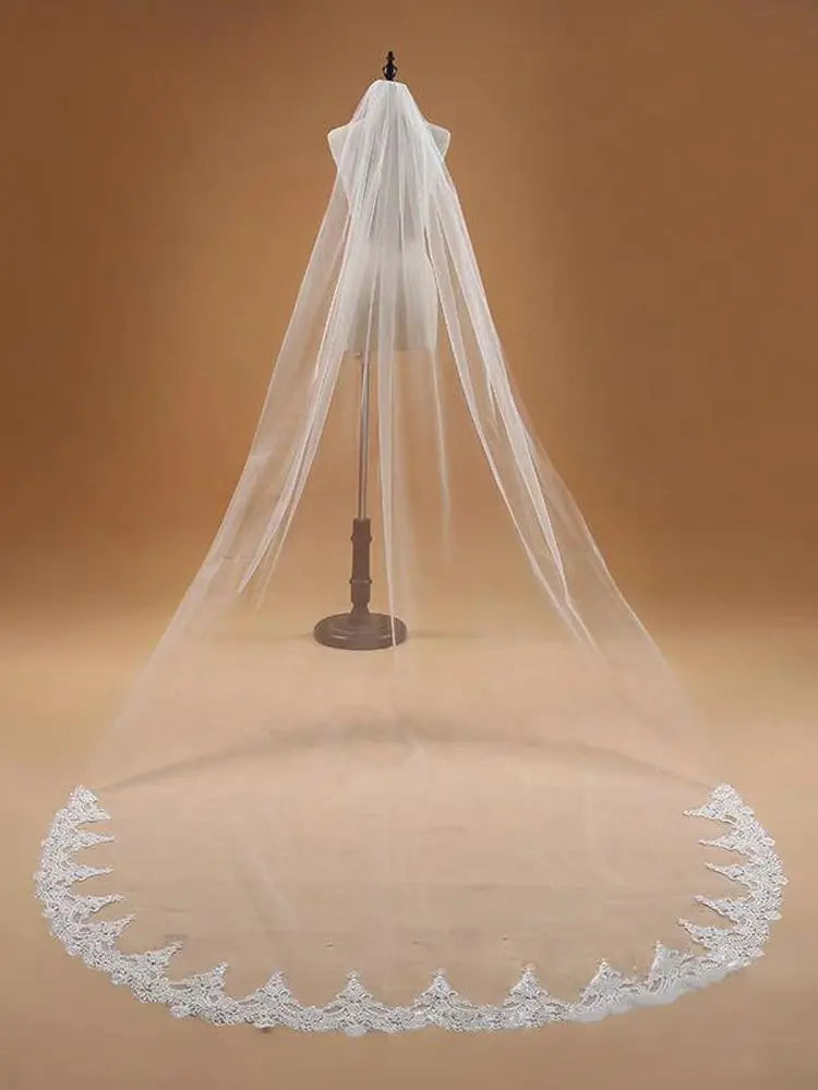 Voile de mariée 3M une couche bordée de dentelle blanc ivoire style cathédrale, long voile de mariée, accessoires de mariage pas chers