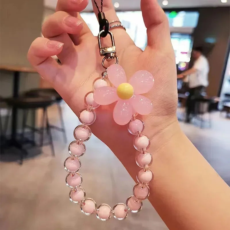 Lanière de téléphone Anti-perte pour clé, pendentif de poignet court, Macaron coloré, perle ronde, chaîne à main pour femmes, lanière de téléphone portable