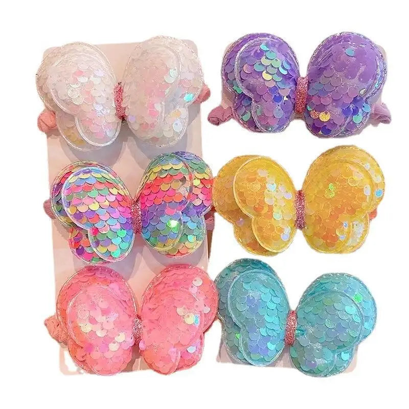 Clearance_3PCS Paillettes Corde À Cheveux Enfants Chouchous Grand Papillon Cravate Haute Queue De Cheval Tresse Fille Élastique Chapeaux Accès Aux Cheveux