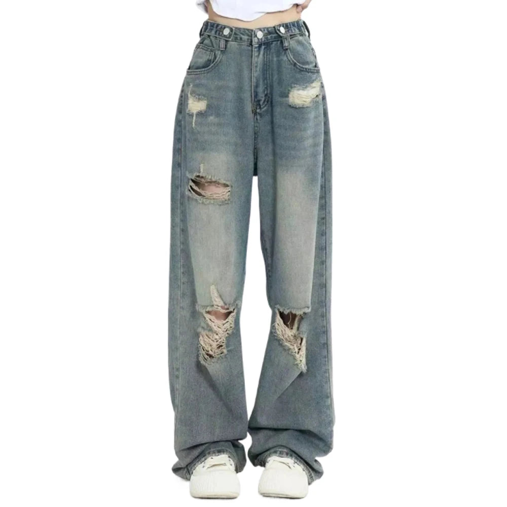 Jean rétro américain perforé pour femmes, taille haute, entrejambe droit, ample, Slim, Design, ambiance de rue, jambes larges, pantalon traînant