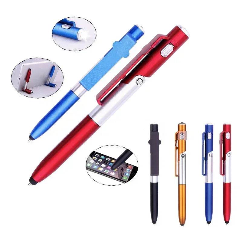 Stylo à bille multifonction 4 en 1 avec lumière LED, support de téléphone pliable, crayon d'écriture de lecture nocturne, papeterie de bureau et d'étudiant