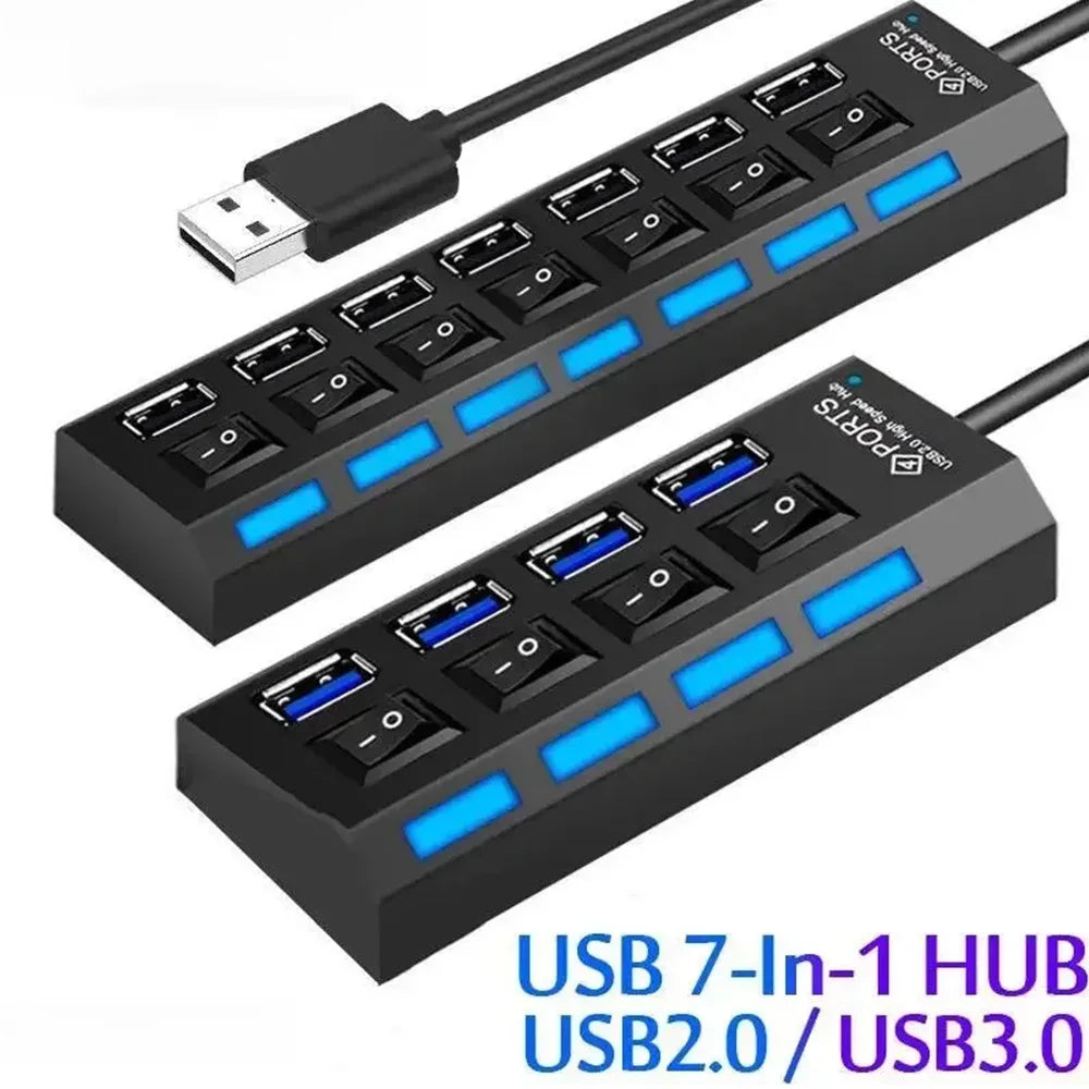 Hub d'extension USB 2.0 à 7 ports pour ordinateur portable ou de bureau