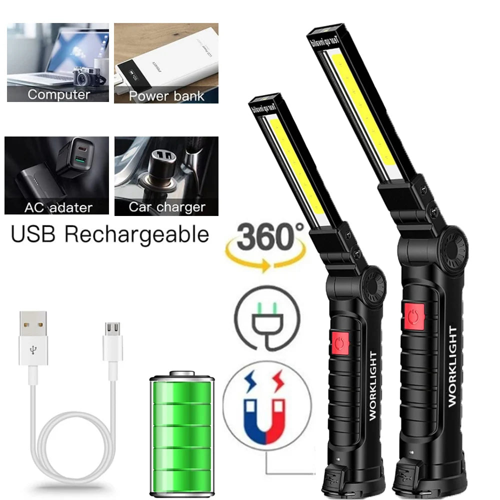 Lampe de poche USB, torche Rechargeable, outil cadeaux pour hommes, lampe de travail LED avec Base magnétique, 5 Modes pour la maison et le Camping en plein air