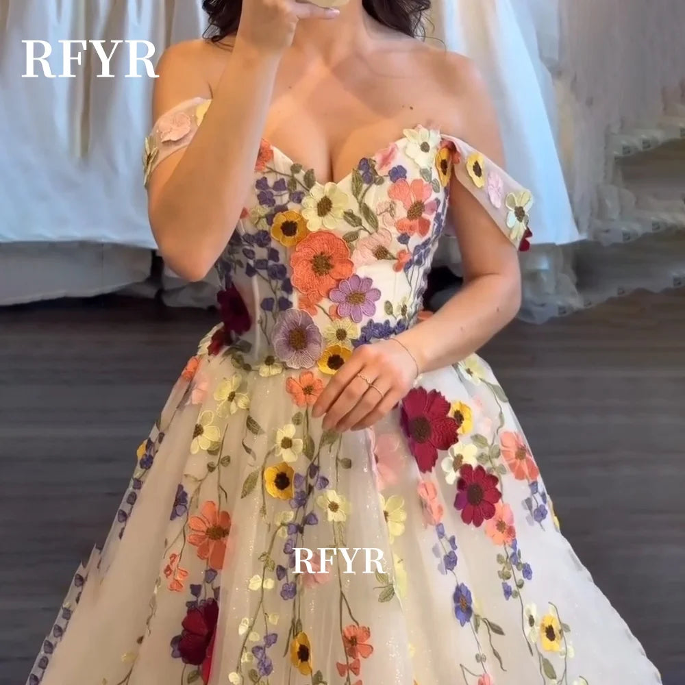 Robe de soirée RFYR coupe trapèze, imprimé floral, robes de bal 2026, robes de soirée épaules dénudées, robes de gala bustier cœur, robes de fête personnalisées