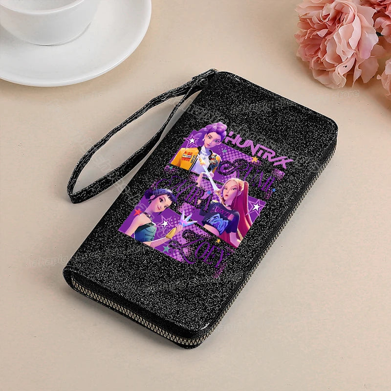 Portefeuille long KPop Demon Hunters pour femmes, à paillettes et fermeture éclair, en cuir PU, porte-monnaie, porte-cartes d'identité, pochette pour femme