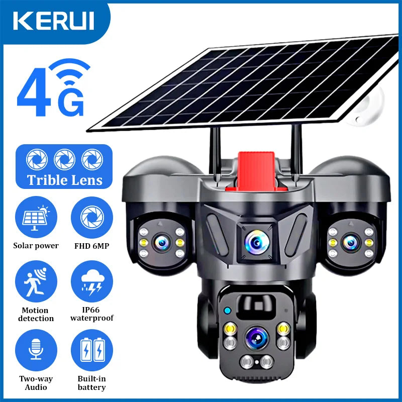 Caméra extérieure PTZ KERUI V380 Pro 6MP WIFI 4G avec panneau solaire, caméra de sécurité domestique à triple objectif, vidéosurveillance CCTV