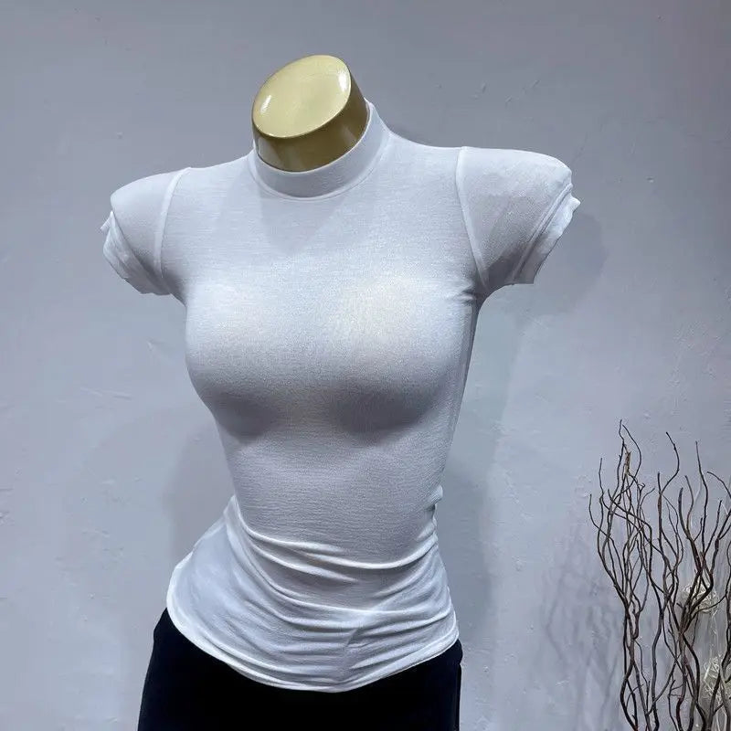 T-shirt coréen à col mi-haut, Transparent, manches courtes, coupe cintrée, élastique, solide, chemise à bascule intérieure, Sexy, grande poitrine