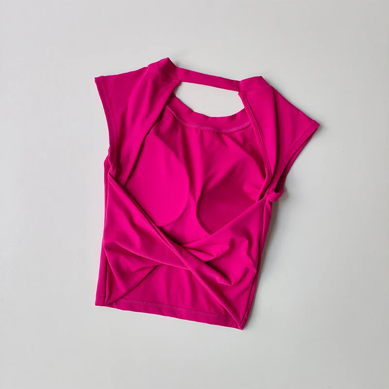 T-shirt de sport court, dos nu, avec coussinet de poitrine fixe, gilet moulant pour femmes, haut de yoga sans manches à séchage rapide