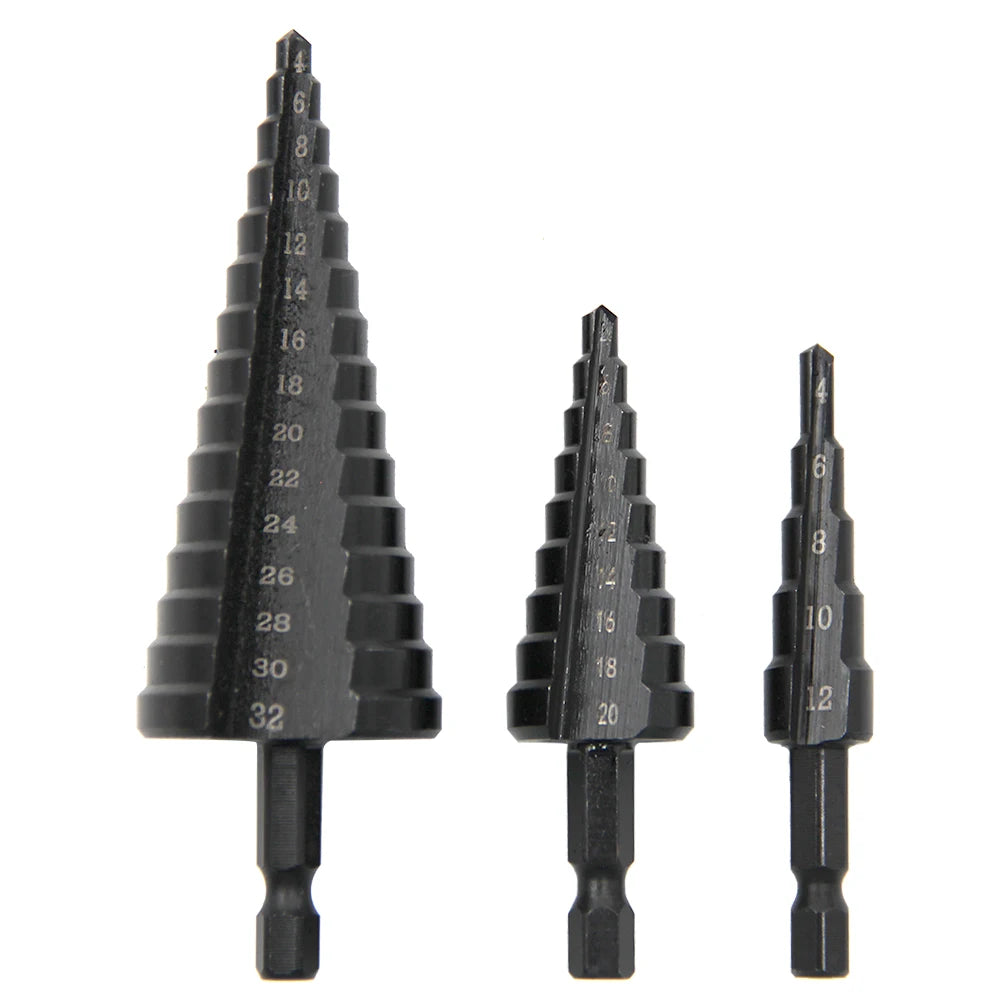 Foret étagé à queue hexagonale droite, noir, 3-12/4-12/4-20/4-32 mm, ensemble d'outils de perçage pour tour de forets