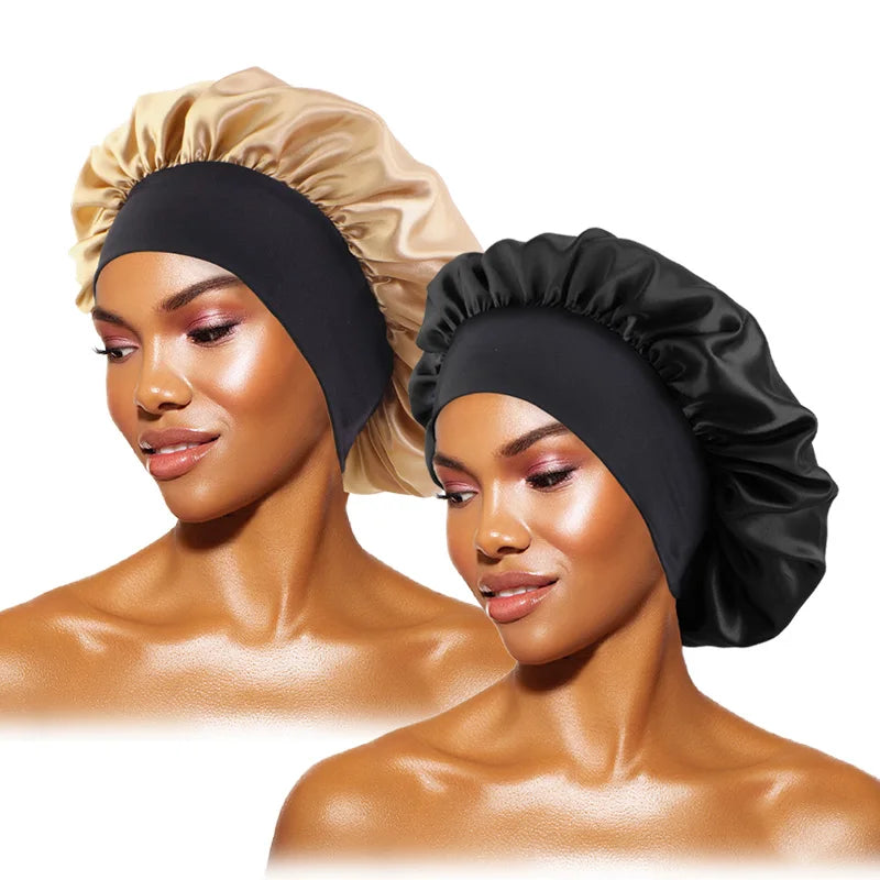 Bonnets solides en Satin pour femmes, Bonnet de bain à larges bords pour dormir la nuit, unisexe, bandeau élastique, Bonnet de soins capillaires