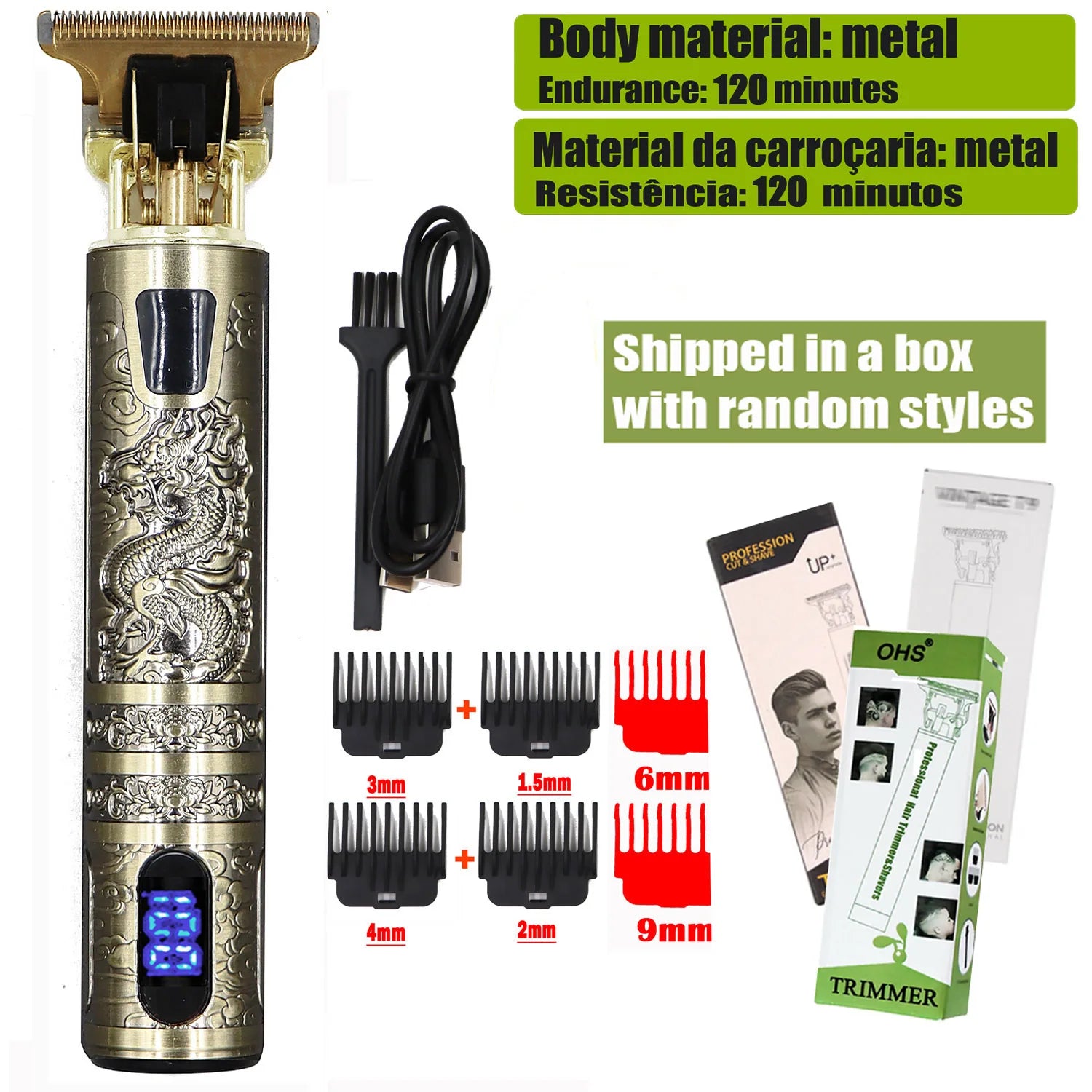 T9 HairClipper Beard Shaving Body Hair Trimmer Clippers Electric Machine Men Haircut Machine 0mm Barber ShaverDragon Carved