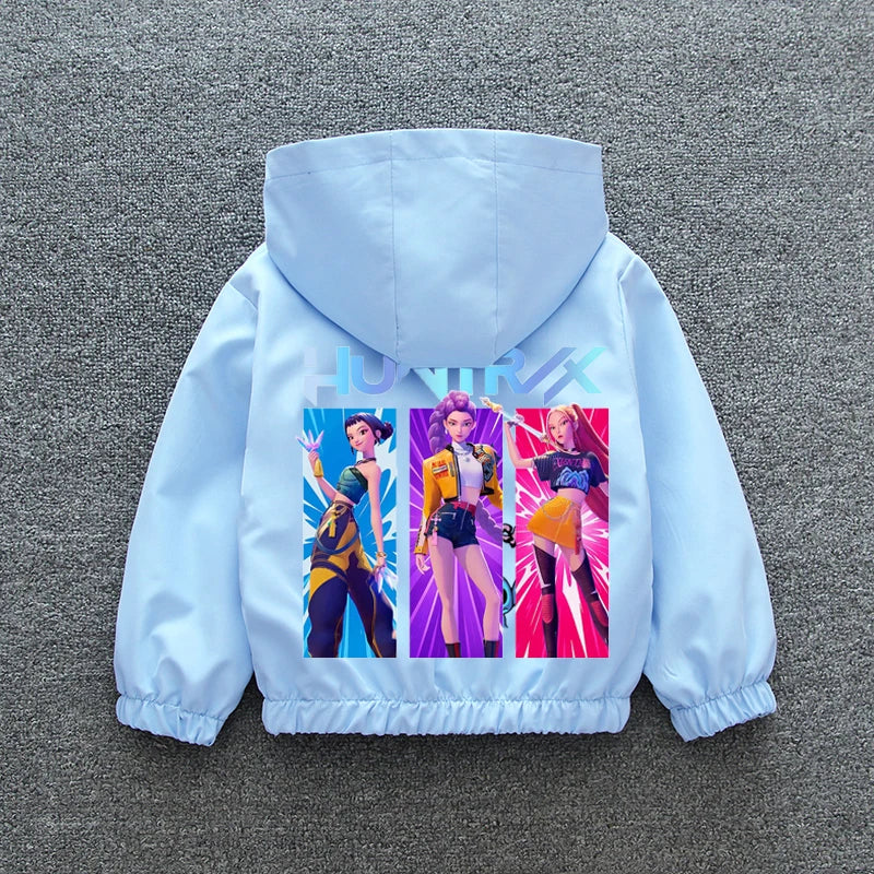 K-pop Demon Hunters 2026 Manteau coupe-vent printemps-automne pour enfants et adolescentes, imprimé dessin animé, veste à capuche imperméable