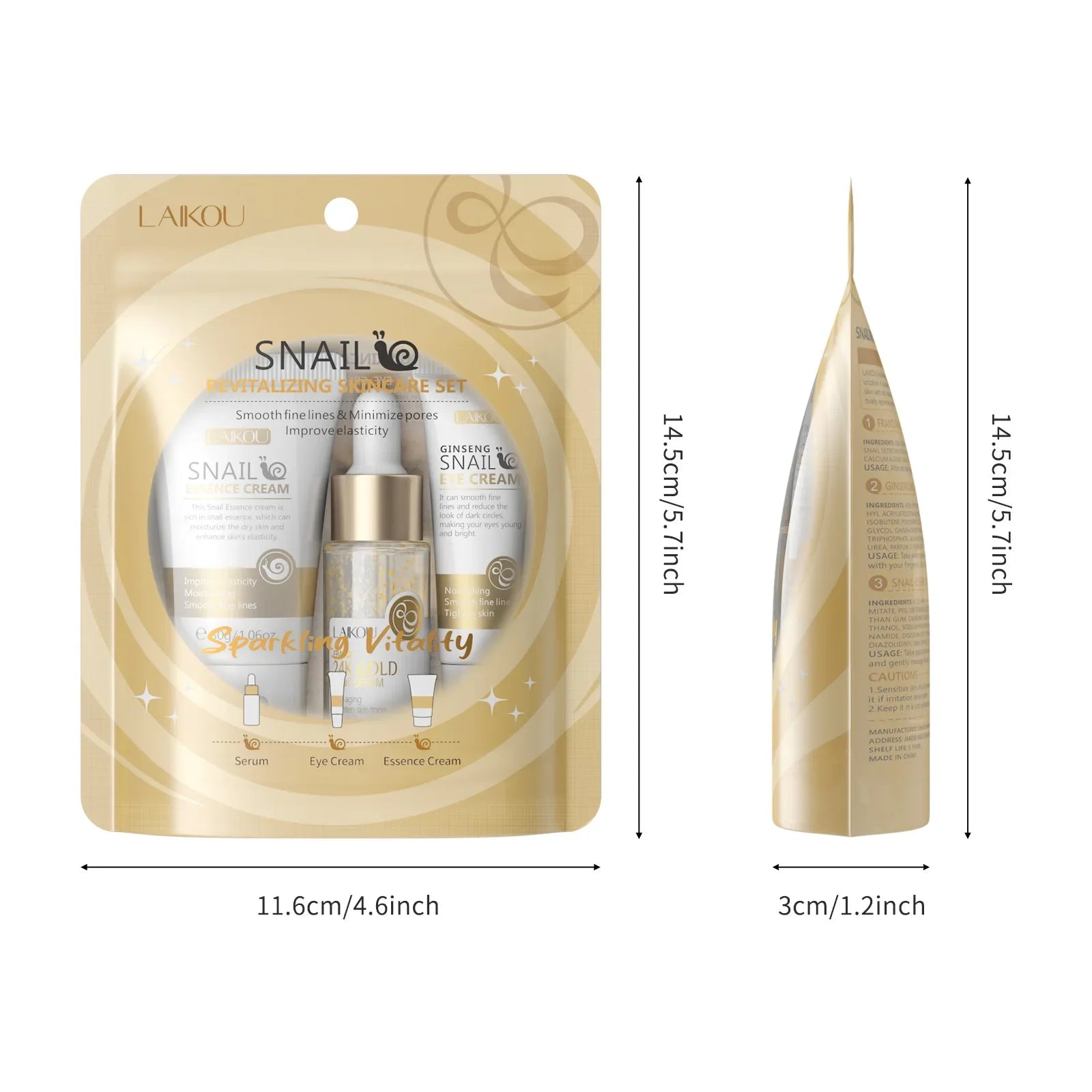 3pcs/set LAIKOU Ensemble de soins de la peau Vitamin C Sakura Essence d’escargot Sérum & Crème pour les yeux et le visage Hydratant Taille de voyage Ensemble de soins de la peau