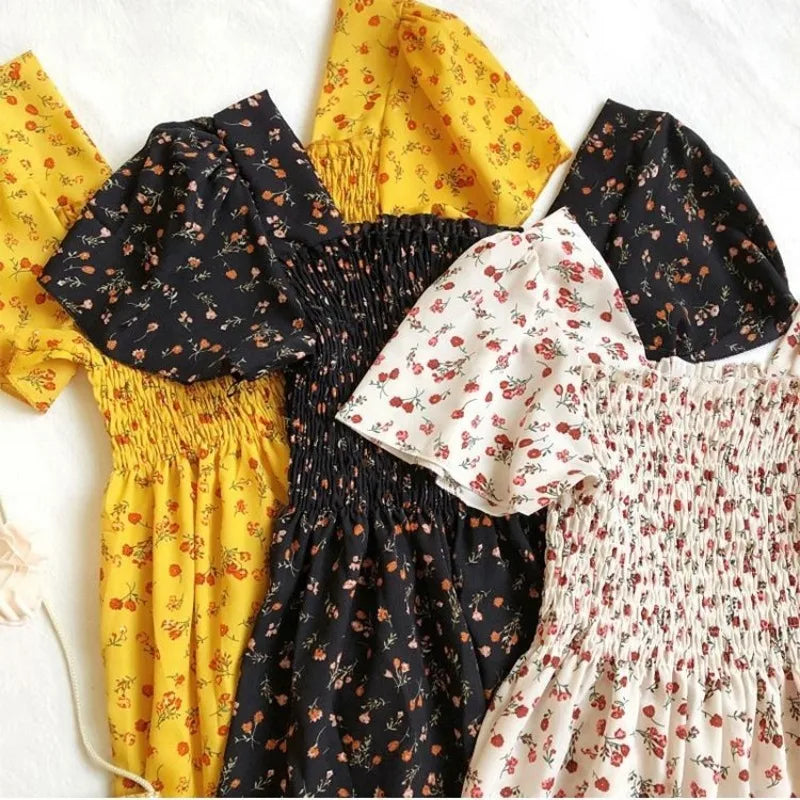 Printemps été robe en mousseline de soie femmes robes mi-longues femme manches courtes taille élastique imprimé fleuri plissé dos nu tenue décontractée